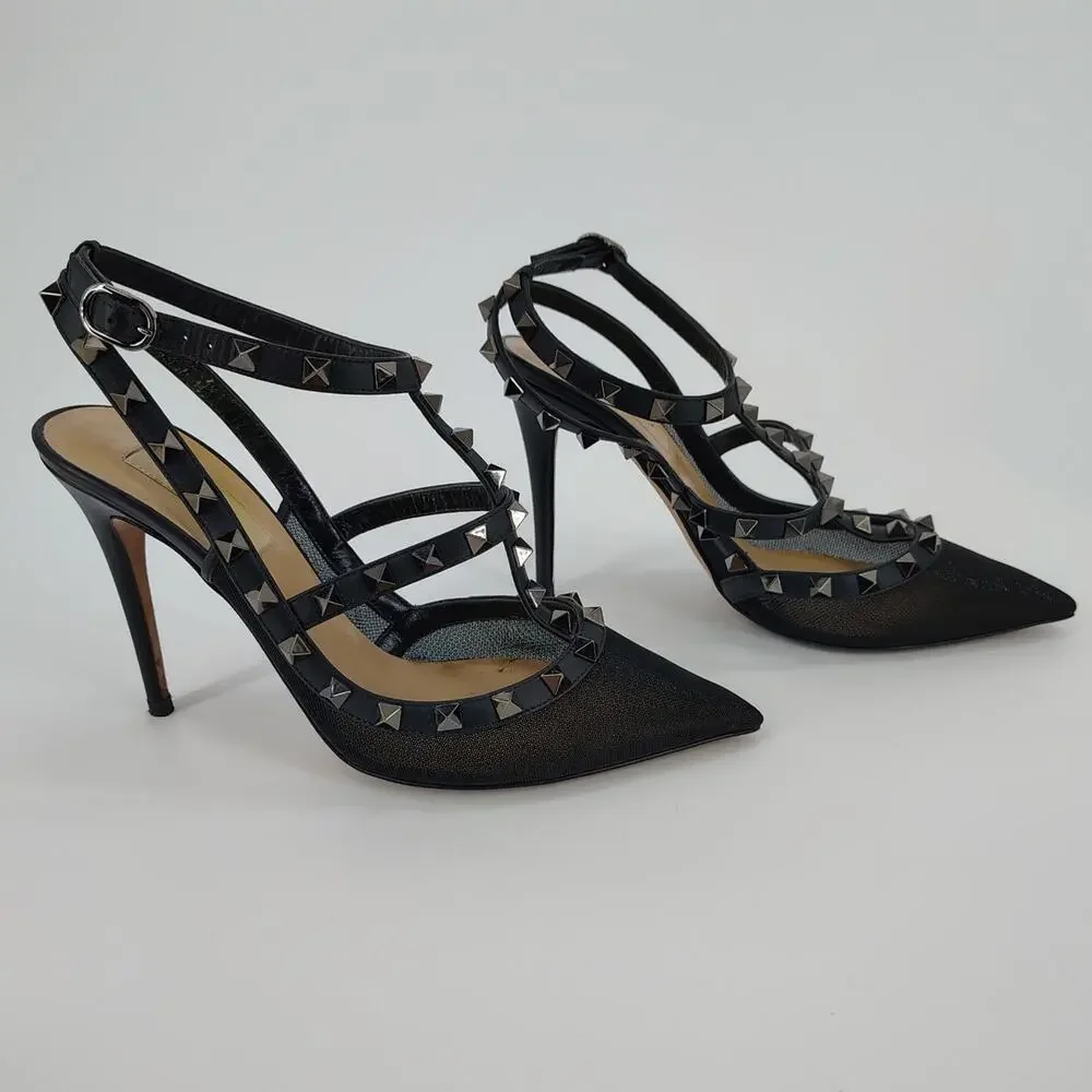 Valentino Garavani Mesh Rockstud Cage T-Strap Pumps Black Size 38 Italy